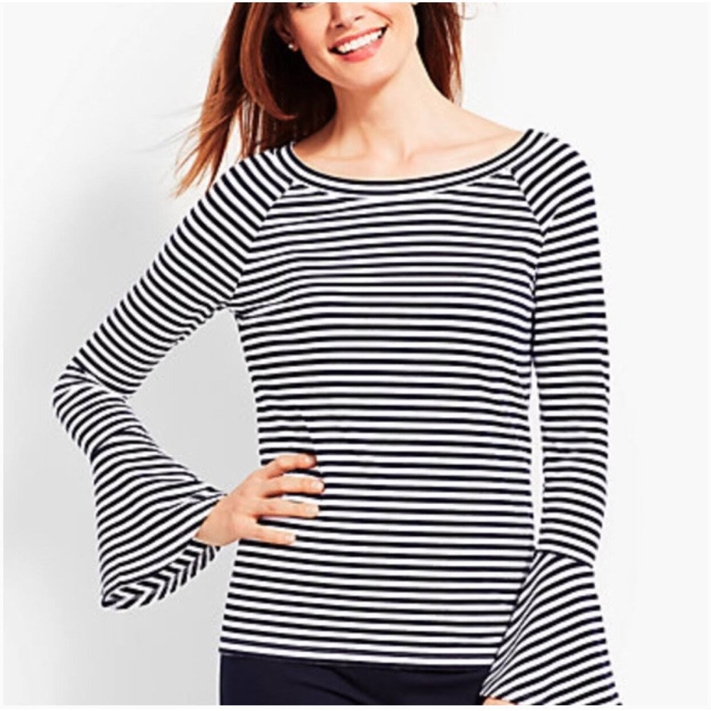 Talbots - Women’s (XL) Nautical Stripe Long Sleeve Shirt, Black and White Top